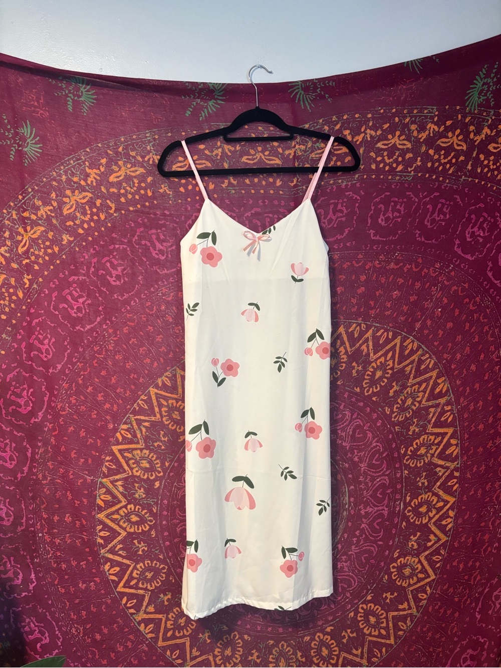 White Floral Slip Dress with Pink Blossoms